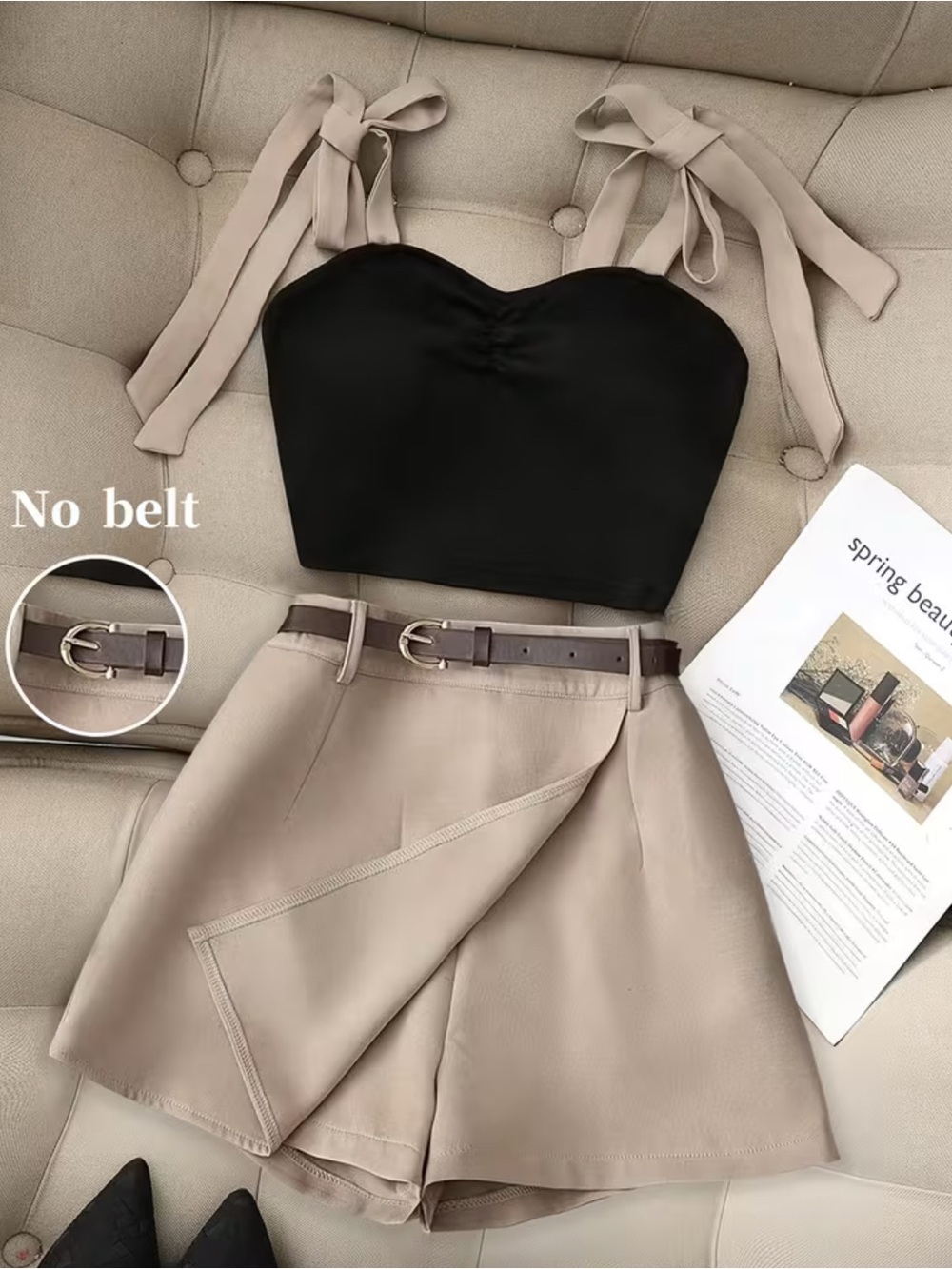 Tie-Shoulder Black Crop Top with Beige Wrap Shorts Set